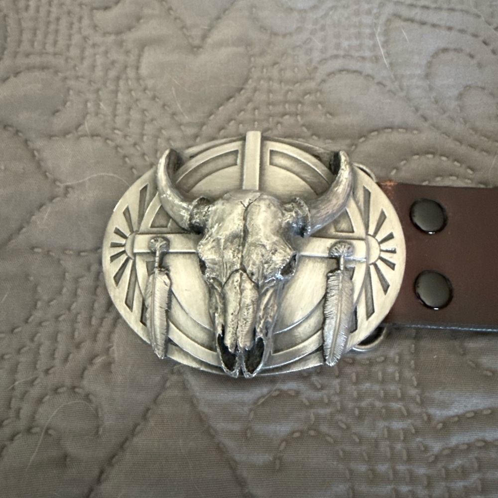 Silver Bull Skull Belt Buckle with Brown Strap